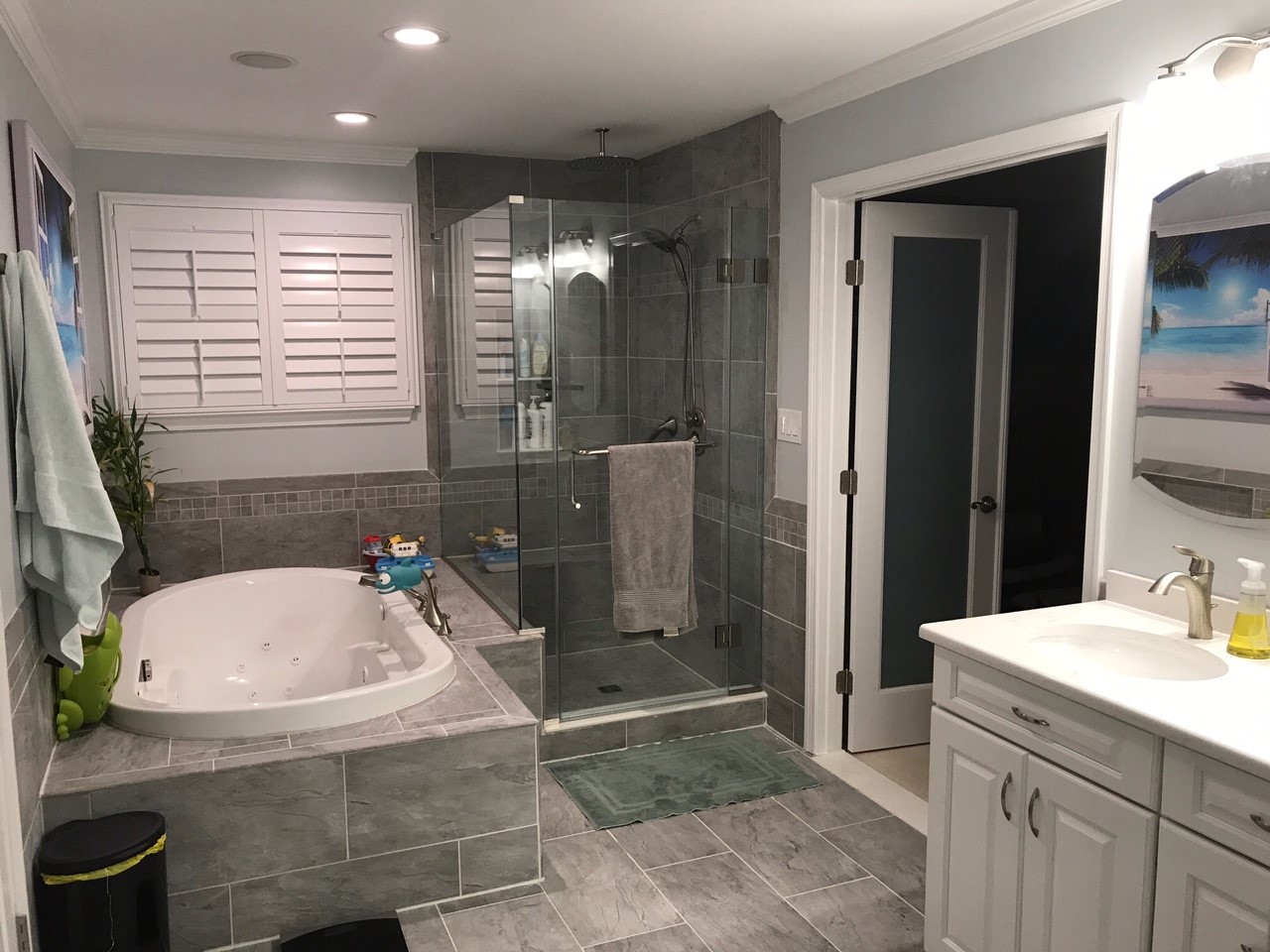 Master bathroom with glass enclosed walk-in shower