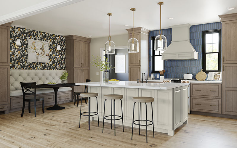 fun kitchen inspiration with patterned wall paper, blue tile black splash and neutral cabinets