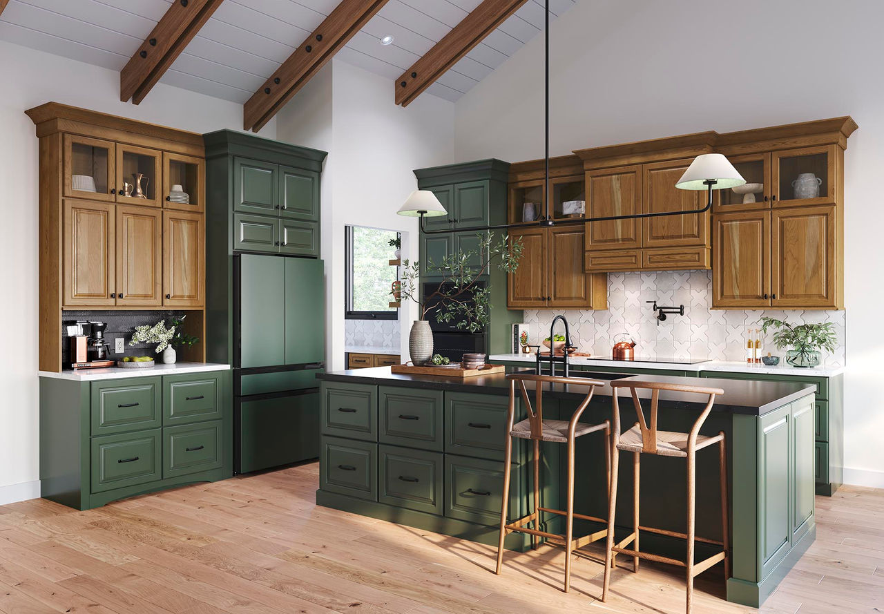 forest green and wooden cabinets for modern, cozy kitchen