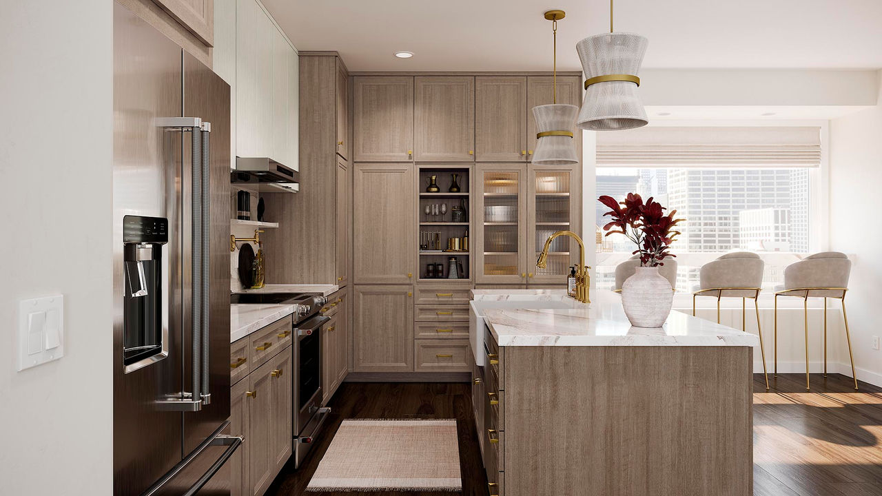 modern wooden kitchen with white countertops