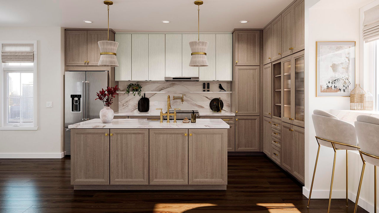 modern neutral kitchen with wooden and white cabinets