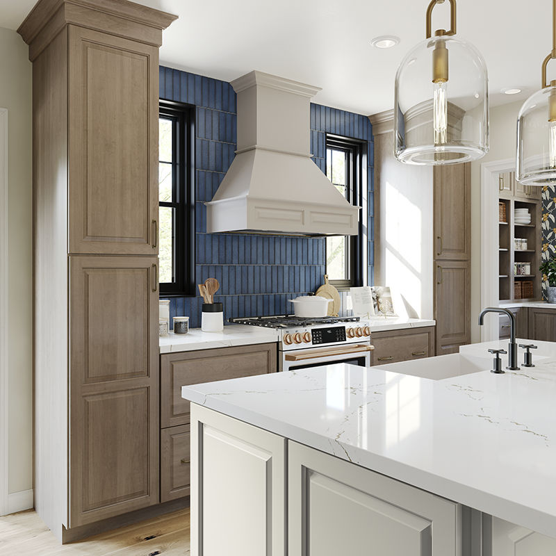 wooden cabinets with blue backsplash stove top range