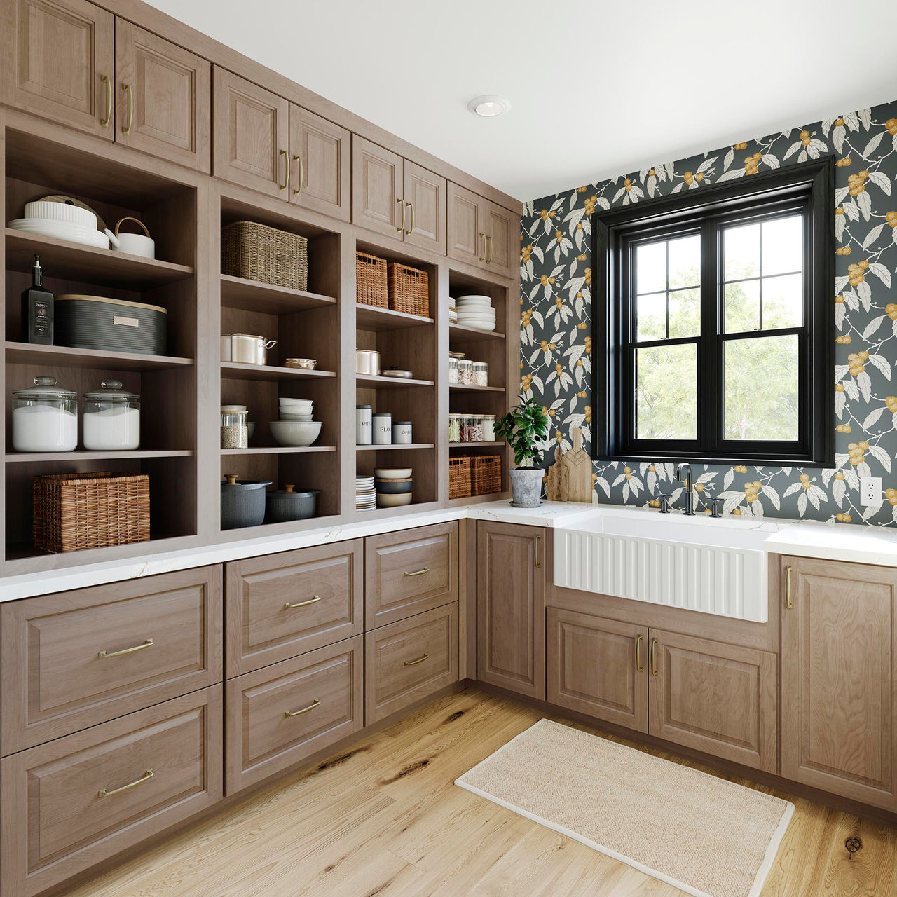 wooden butlers pantry with wallpaper